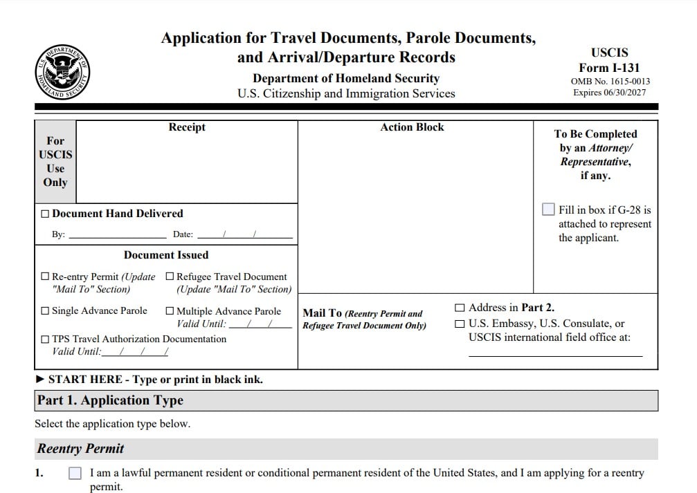 Formulario I-131 advance parole