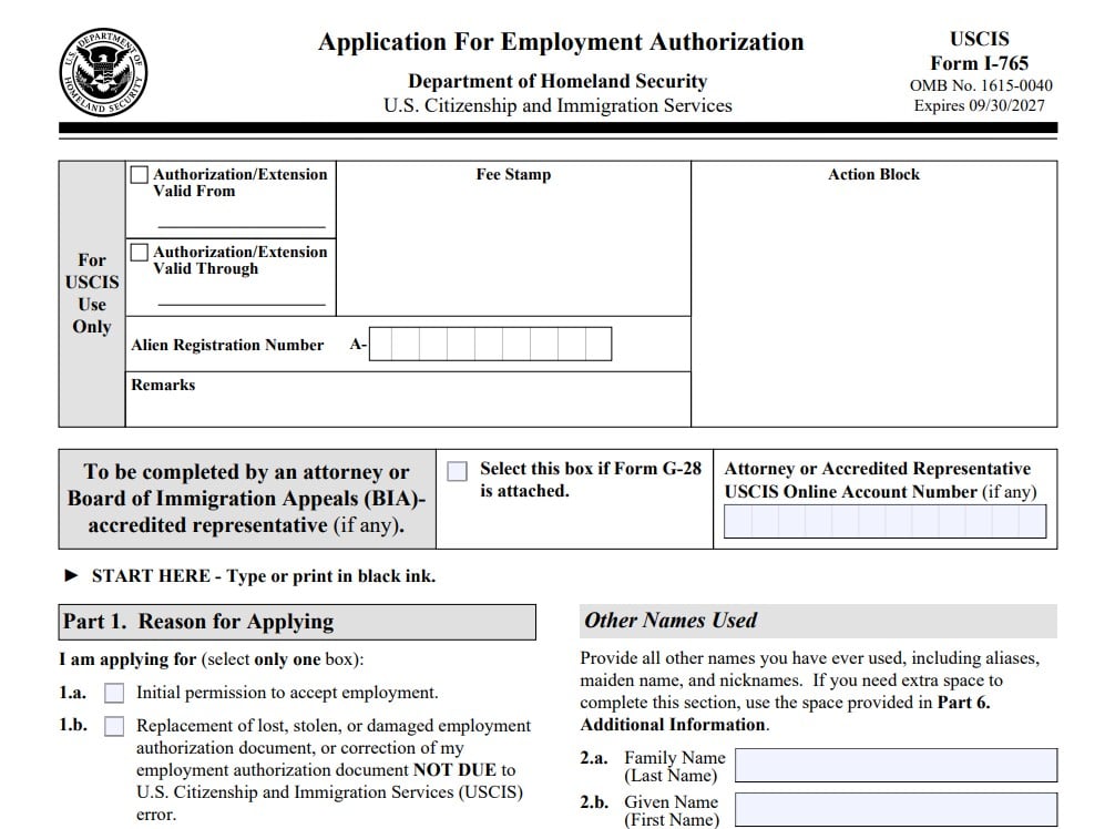 Formulario I-765 para solicitar autorización de empleo