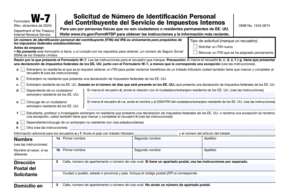 formulario w7 para numero ITIN